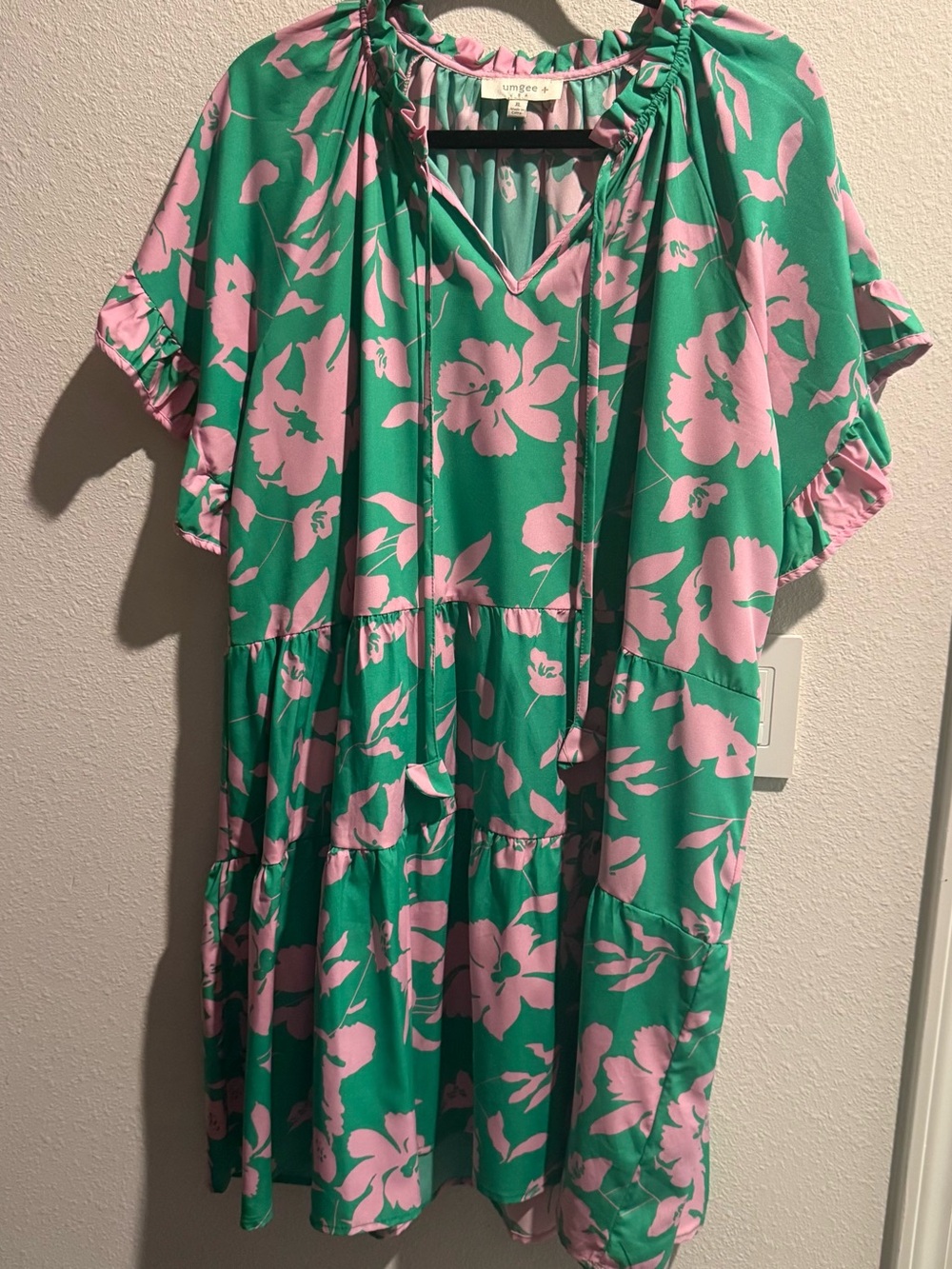 Umgee Pink and Green Floral V-Neck Tiered Dress
